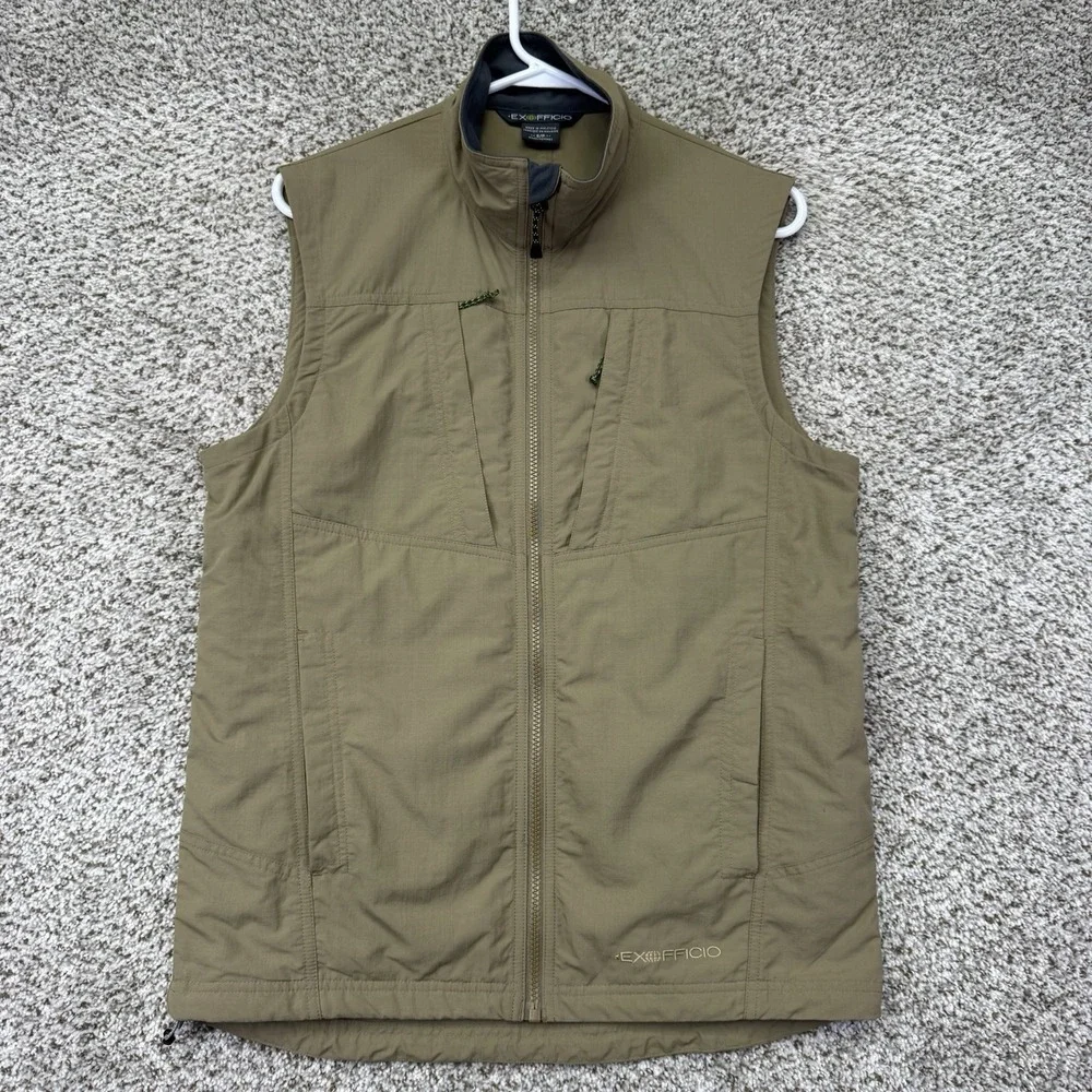 ExOfficio FlyQ Vest Men's Size Small Tan Multi-Pockets Full Zip Outdoors Hiking